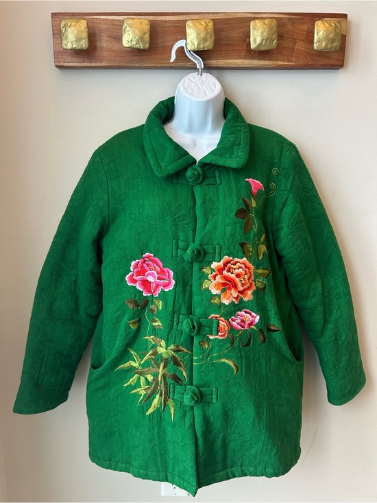 xiaojiemei Jackets & Blazers - Emerald Green Floral Embroidered Quilted Jacket Cottagecore Boho Artwear Size L